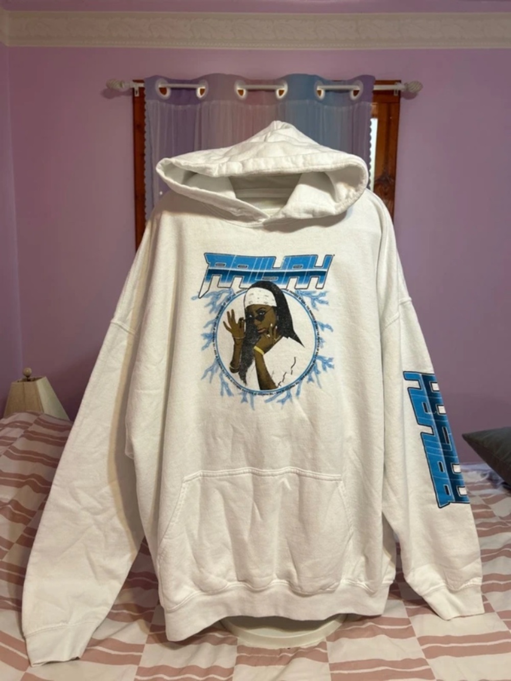 Vtg Aaliyah Hip Hop R&B Rap Princess Y2K Hoodie Pullover Sweatshirt White Sz. 2X